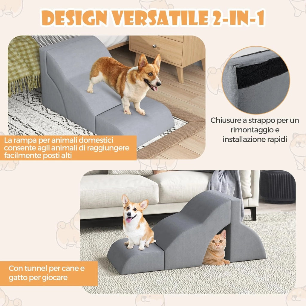 Scale per Cani in Schiuma a 3 Livelli, Rampe Scale per Animali 2 in 1 per Letti e Divani, Gradini per Animali Infortunati e Anziani con Base Antiscivolo, Copertura Lavabile e Rullo Adesivo