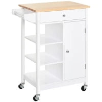 Carrello da Cucina Salvaspazio in MDF con Piano di Lavoro in Legno di Gomma, Cassetto, Armadietto, 3 Mensole, Ripiani Regolabili, Porta Strofinacci e Ruote Girevole, 66x39.5x86.5cm, Bianco