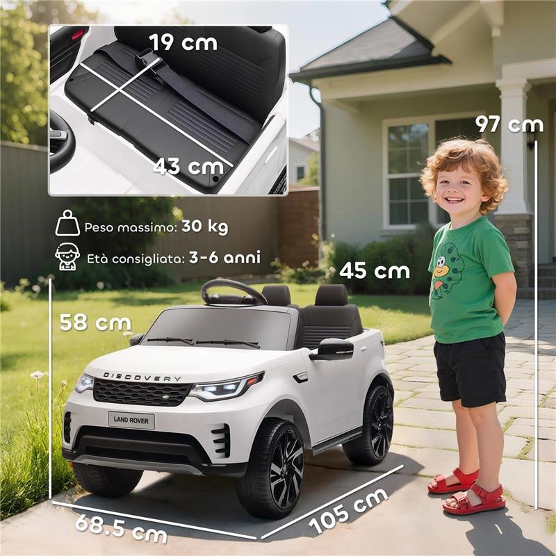 MACCHINA ELETTRICA PER BAMBINI LICENZA LAND ROVER CON FARI LED, CLACSON E TELECOMANDO, 105X68.5X58 CM, BIANCO