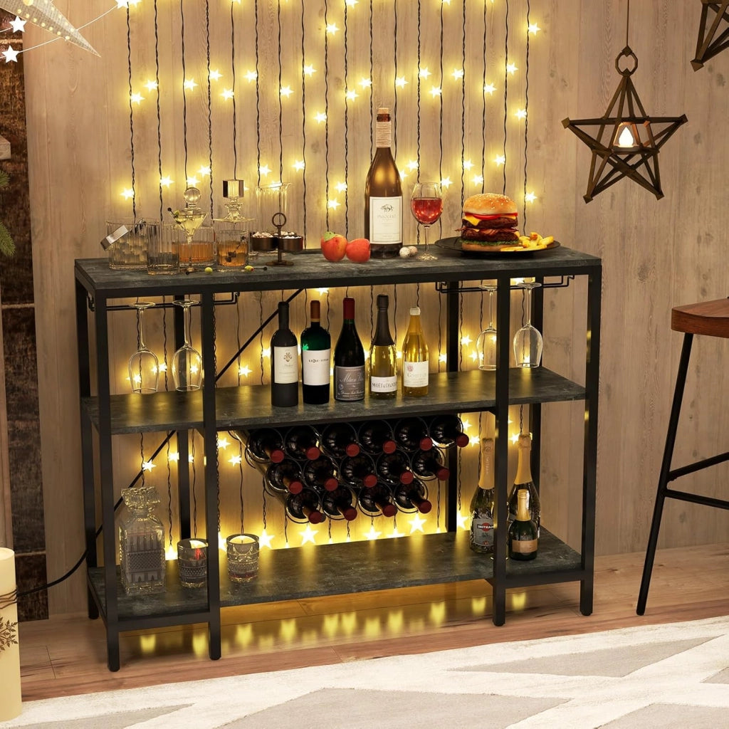 Portabottiglie Per 15 Bottiglie, Portabottiglie a 3 Livelli Con Supporto In Vetro, Tavolo Da Vino Con 2 Porte USB e 2 Prese, Armadietto Per Vino Industriale Metallo, 113 x 35 x 85 cm