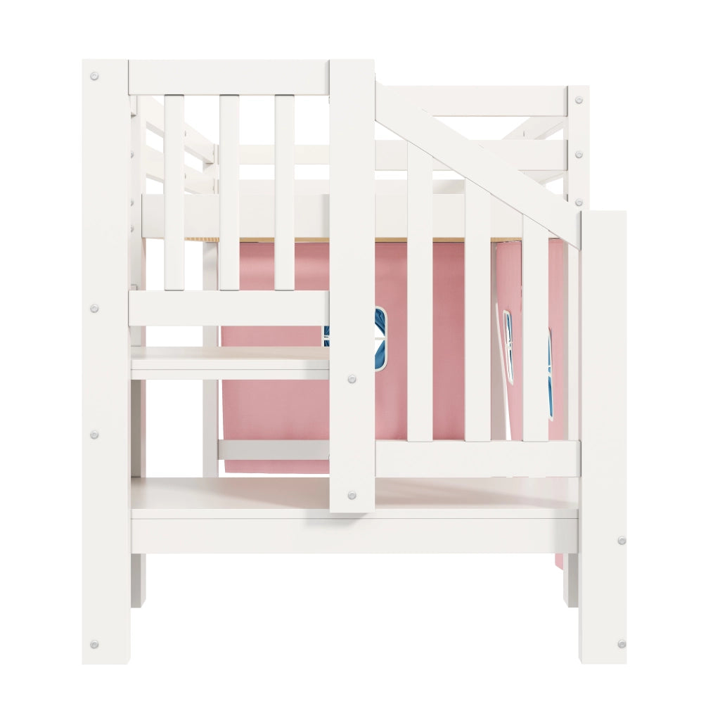 Letto a soppalco singolo 90×200 cm con tende oscuranti; LED regolabile; ripiani; senza materasso; bianco