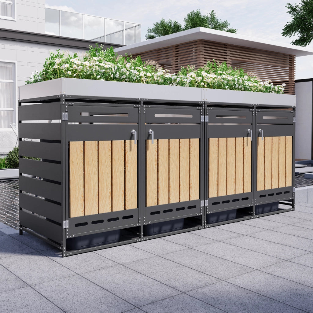Set 4 Box Portarifiuti con Fioriera ¨C MINIMAL ¨C Legno, Metallo, con Serratura