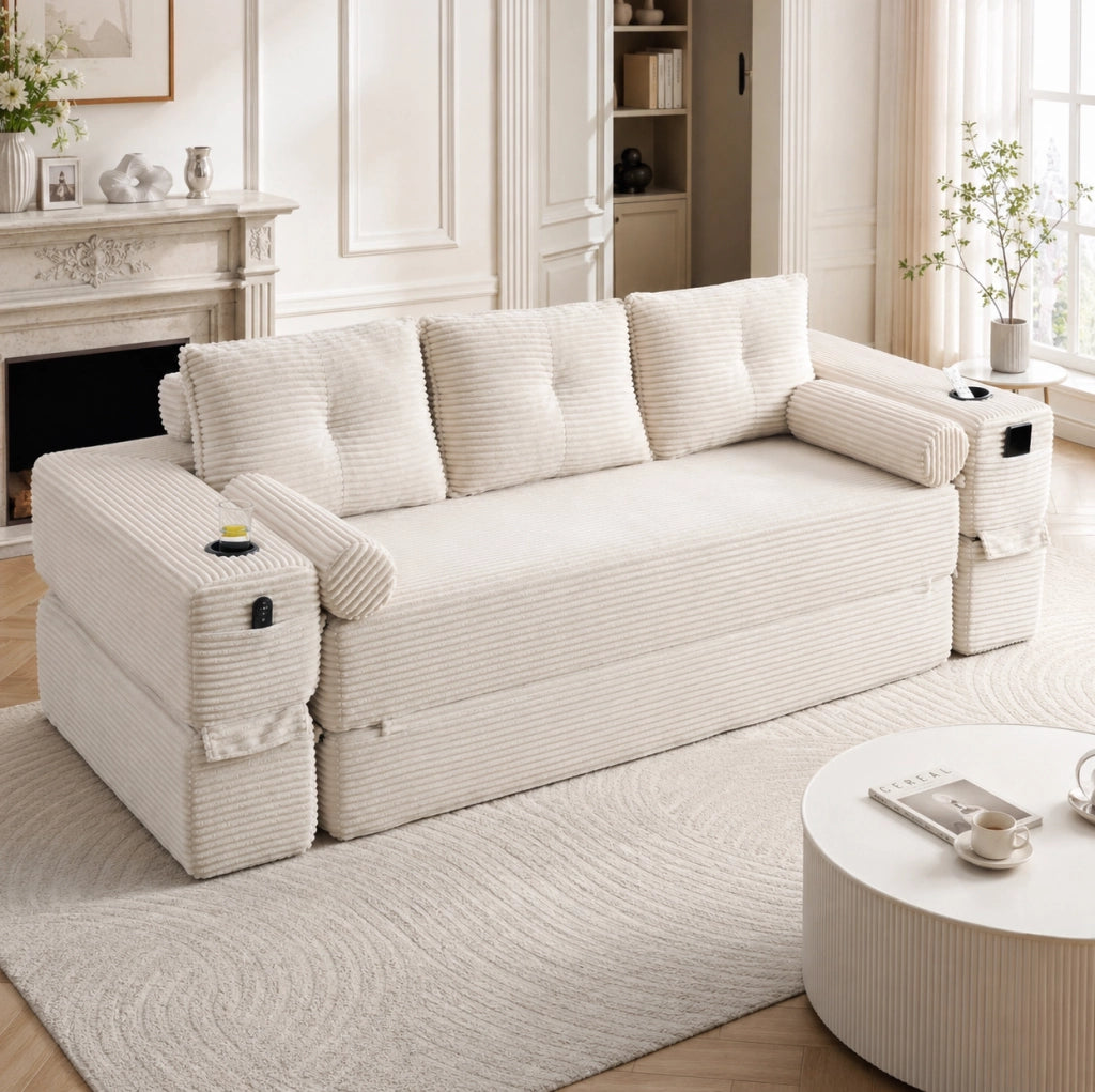 Divano letto 3 posti beige, pieghevole con tasche e portabicchiere, tessuto a coste