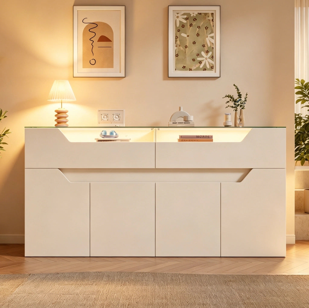 Credenza 140x40x70 cm con 2 cassetti, LED USB e piano in vetro temperato bianco