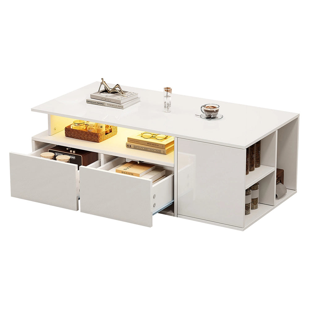 Tavolino-Xylo-100x50x35cm bianco 2 cassetti LED capacit?? 60kg