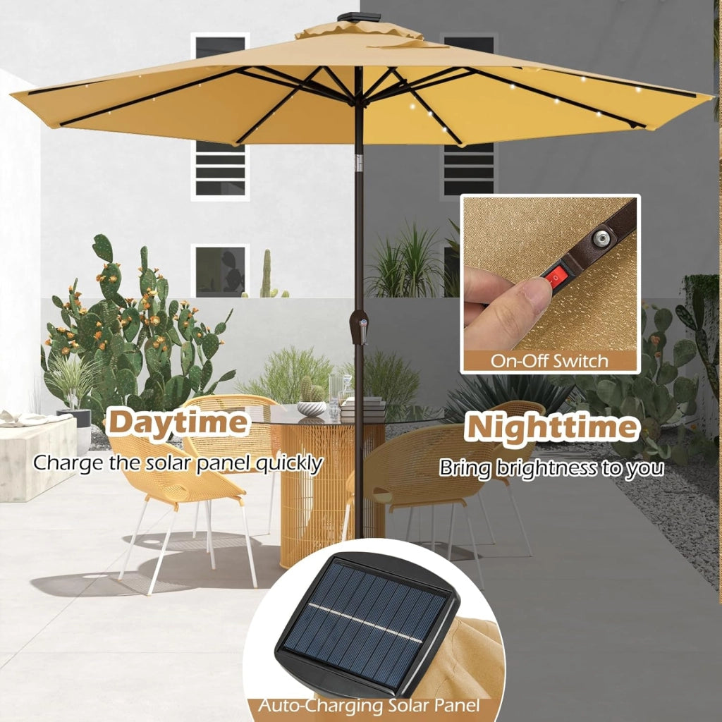 Ombrellone da Giardino 3m, con Luci LED e Manovella, Ombrellone da Balcone Inclinabile Protezione UV, Ombrellone Parasole da Cortile con 8 Osse, per Terrazza, Spiaggia, Piscina