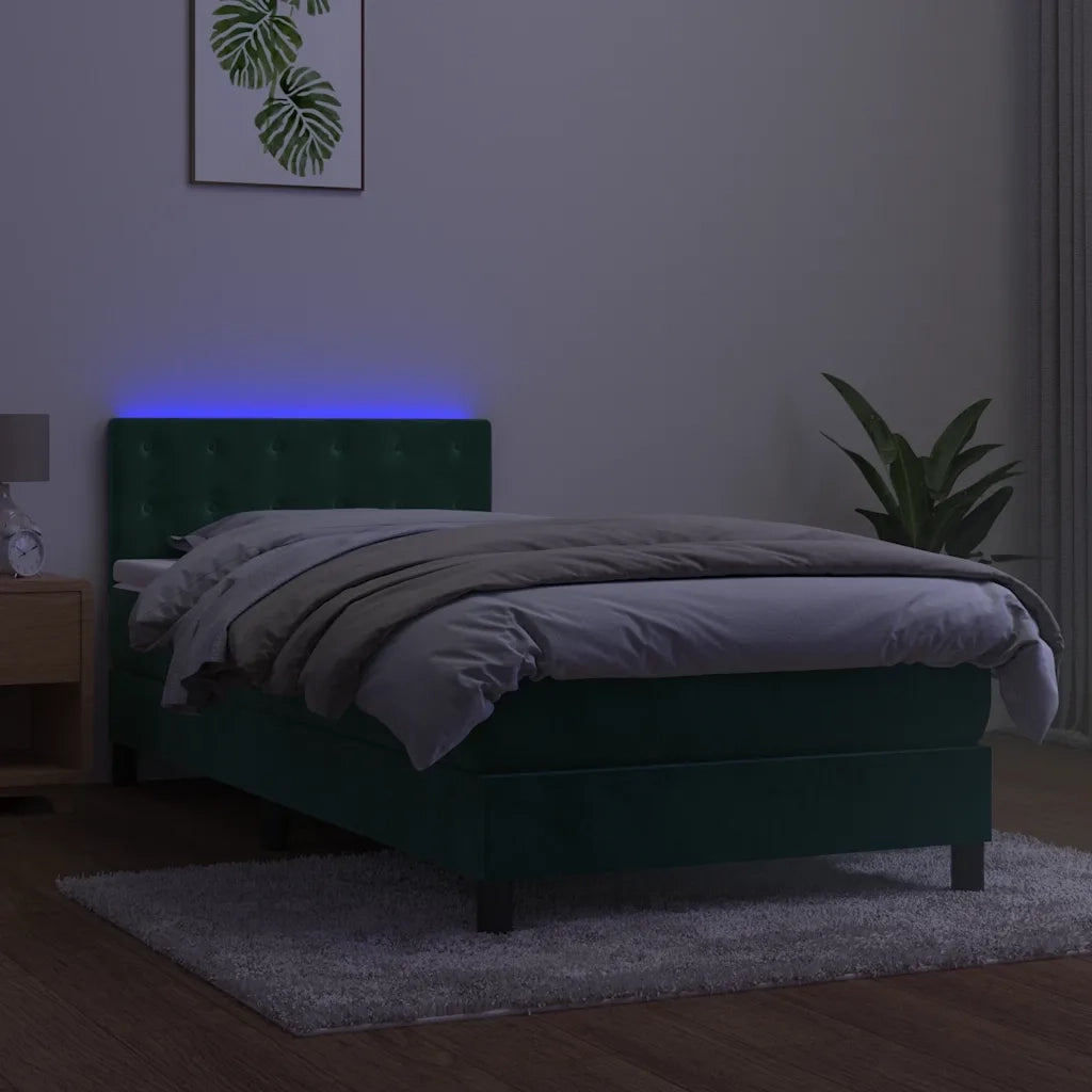 Letto a Molle con Materasso e LED Verde Scuro 100x200cm Velluto