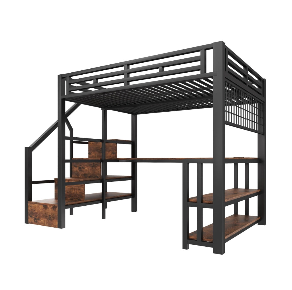 Letto a soppalco 140x200 cm con scrivania; LED e contenimento in metallo e MDF nero