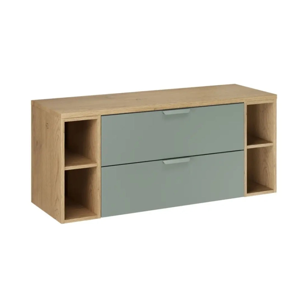 Insieme OSTER 120cm: mobile sotto lavabo con cassetti verde salvia e nicchie a vista + piano per lavabo effetto rovere chiaro