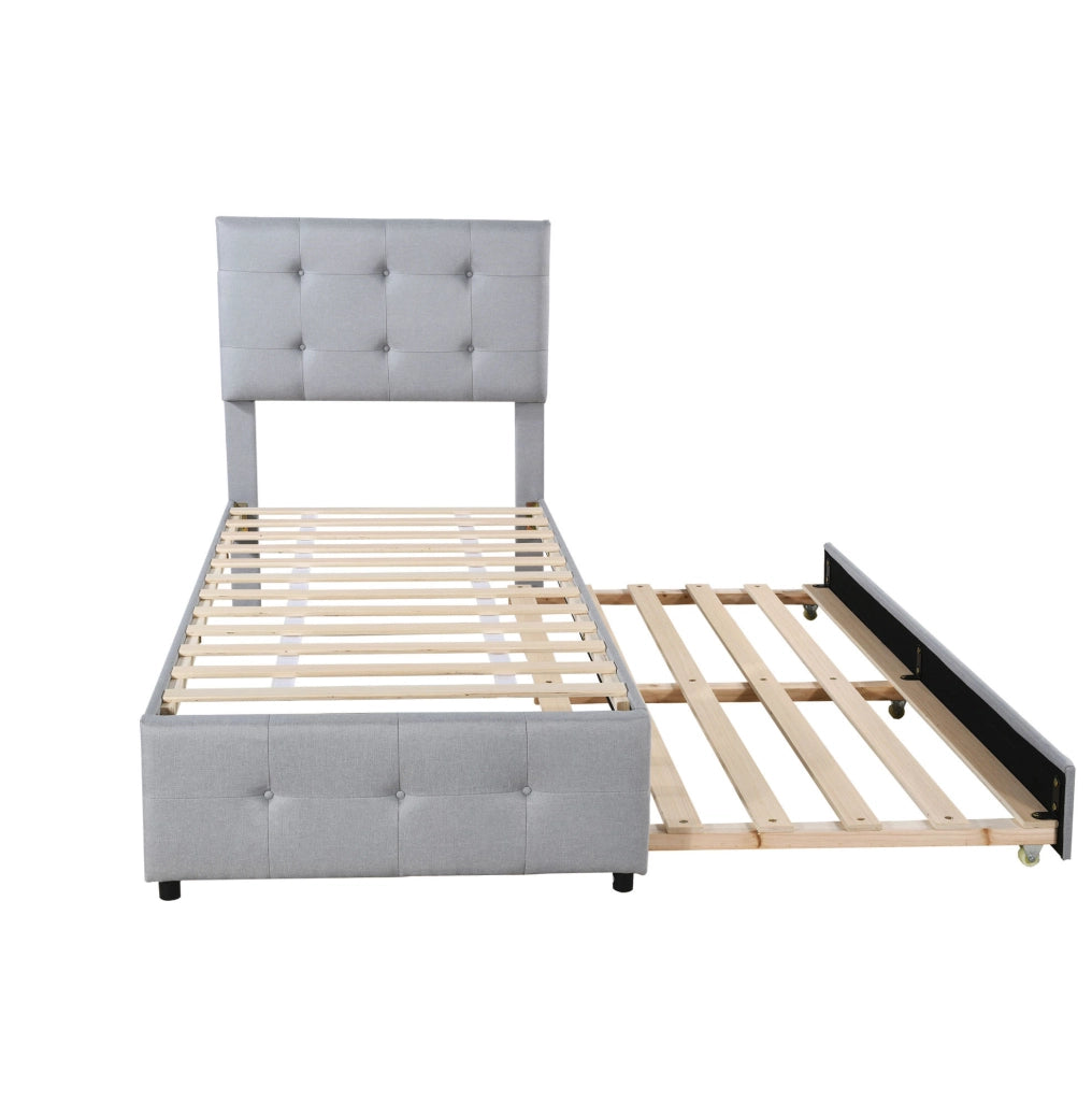 Letto imbottito 90x200 cm con letto estraibile e testiera regolabile in tessuto di lino grigio