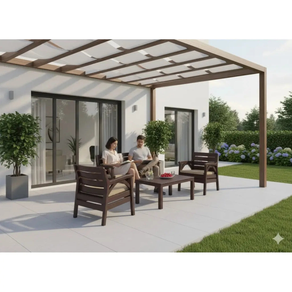 Set da giardino SAVENNA 4 posti marrone con divano, poltrone e tavolino