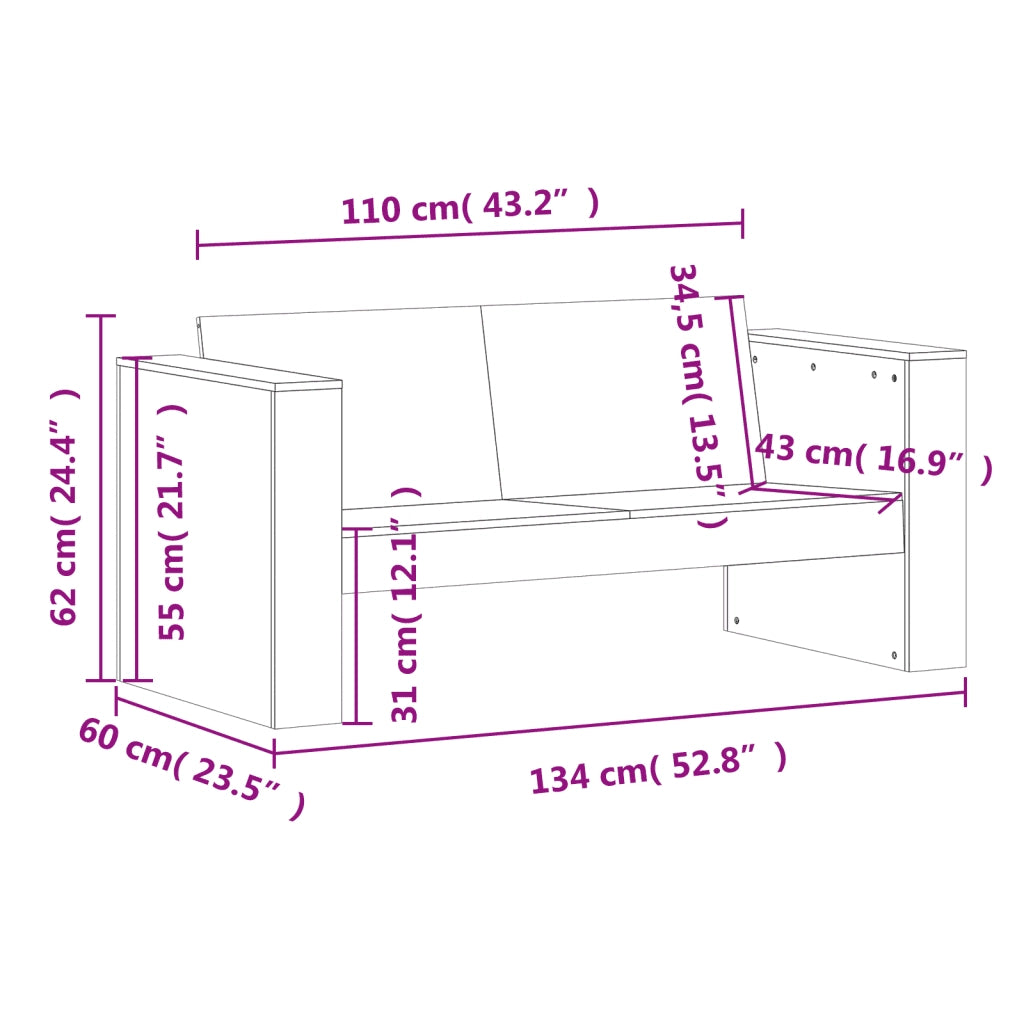 Divano Giardino 2 Posti Marrone Cera 134x60x62 cm Massello Pino 844625
