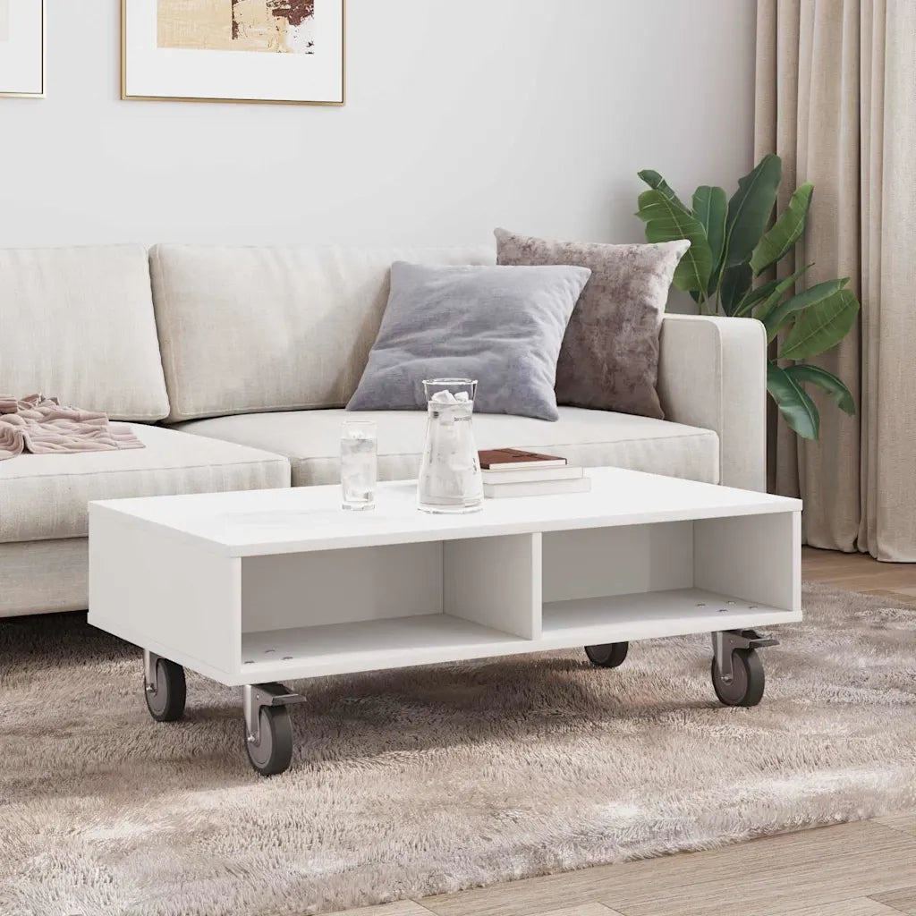 Tavolino con Ruote Bianco 90 x 50 x 30 cm Legno multistrato