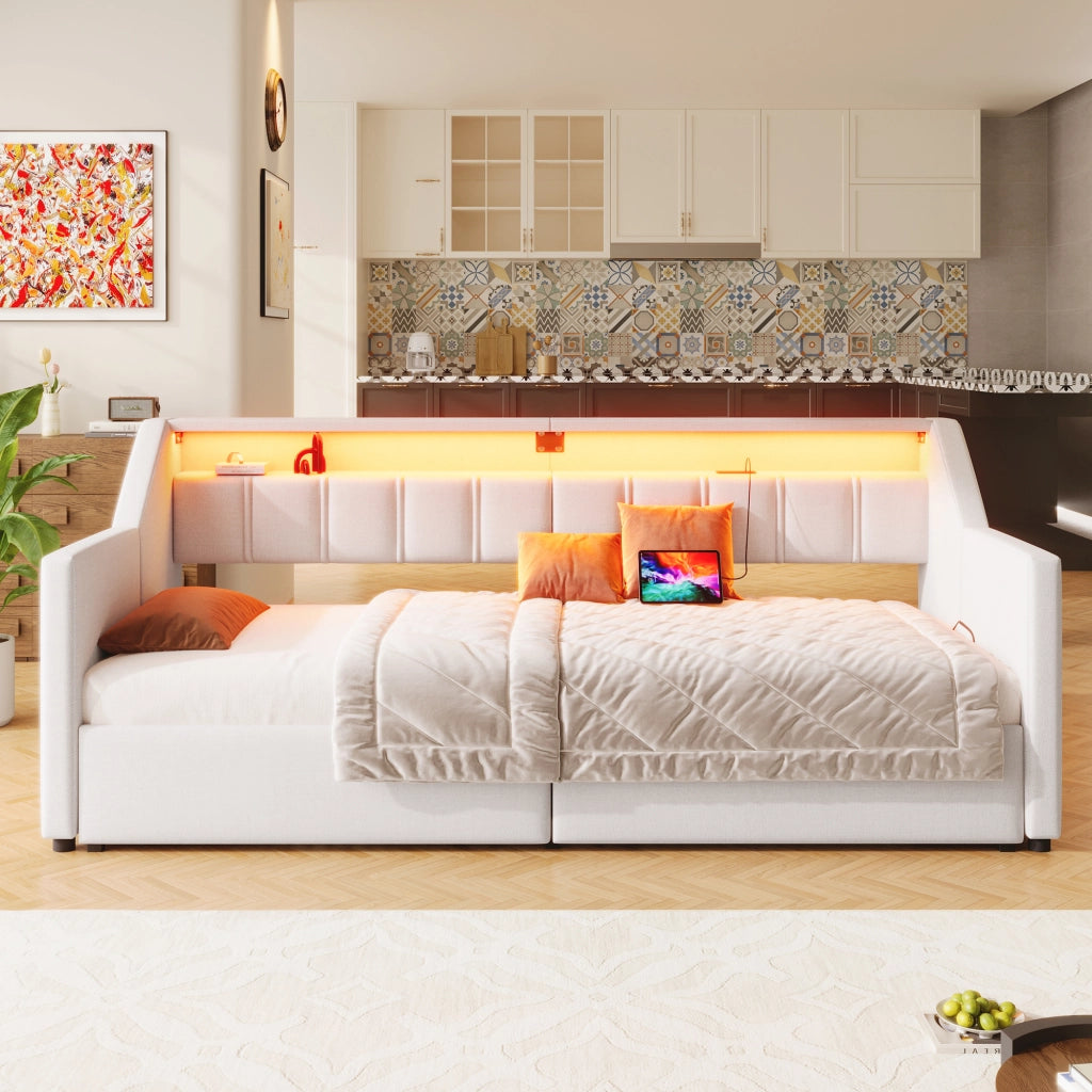 Letto estraibile singolo 90×200 cm con USB; Type-C; LED; 2 cassetti e 2 tasche; senza materasso; lino; beige