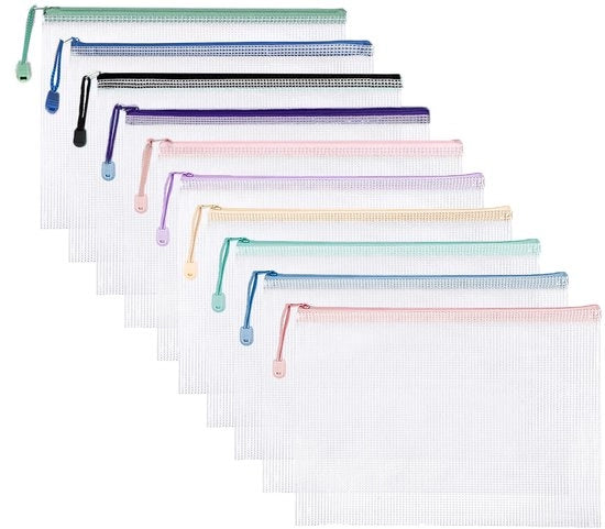 Documenti A4 A5 e A6, 10 pezzi, documentario A6 impermeabile con chiusura a ritenuta, cartellino di plastica a rete, per dossier, cosmetici, compiti e accessori di viaggio