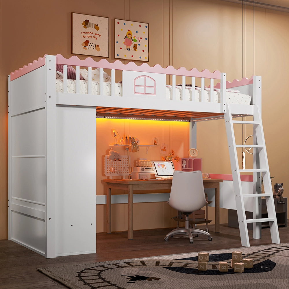 Letto a Castello Bambini – Xylo – 90x200cm, Pino, Luci LED, Armadio, Cassetto, Cert. EN747, Bianco, Senza Materasso