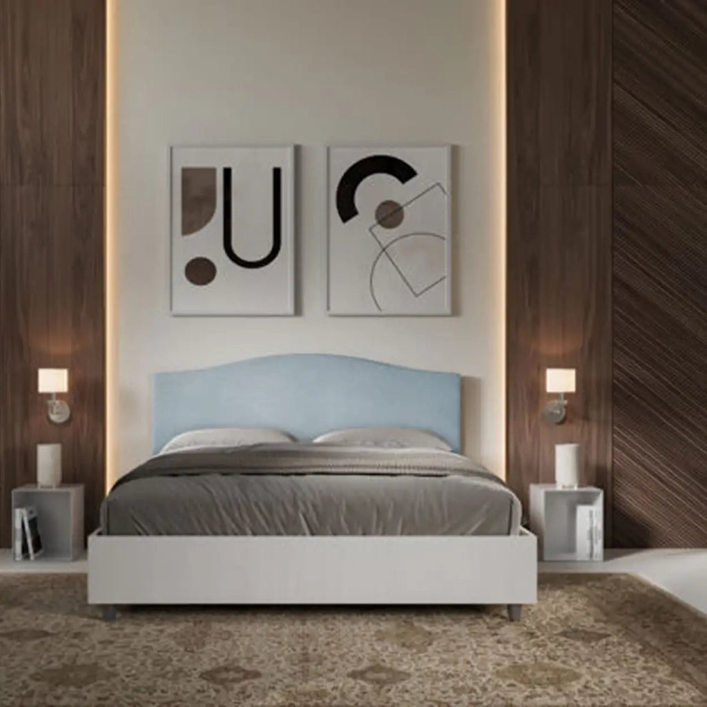 Letto matrimoniale senza rete 160x200 bianco frassino testata microfibra azzurro Grace