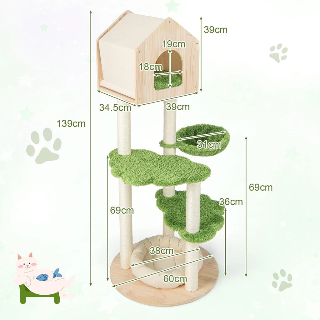 Albero Tiragraffi per Gatti 139 cm, Torre Multi-livello in Legno con Tiragraffi in Sisal, Piattaforme di Salto, Trespolo e Amaca, Centro di Attività per Gatti, Verde
