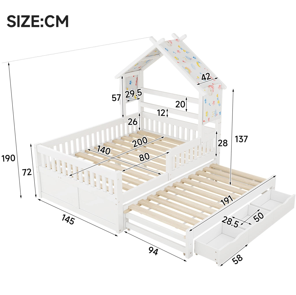 Letto a casetta 140x200 cm con letto estraibile e 3 cassetti in pino e MDF bianco
