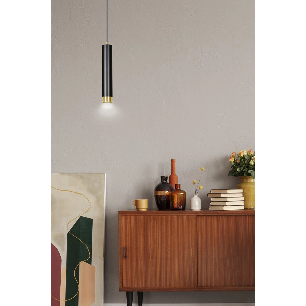 Sospensione 1 Luce Brunilde In Acciaio Nero Con Tubolare In Nero E Oro