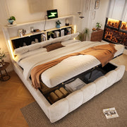 Letto contenitore 180 × 200 cm con LED, vano testiera, USB e Type-C, senza materasso, in velluto beige