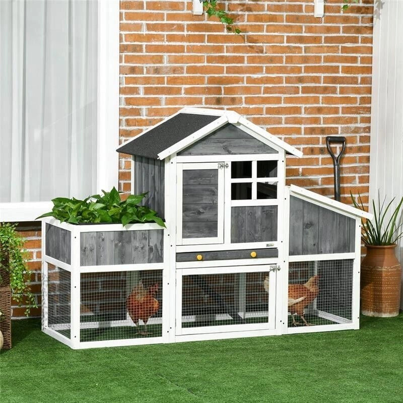 POLLAIO PREFABBRICATO IN LEGNO CON AREA APERTA, CASETTA E NIDO, 161.5X62.5X115CM, GRIGIO