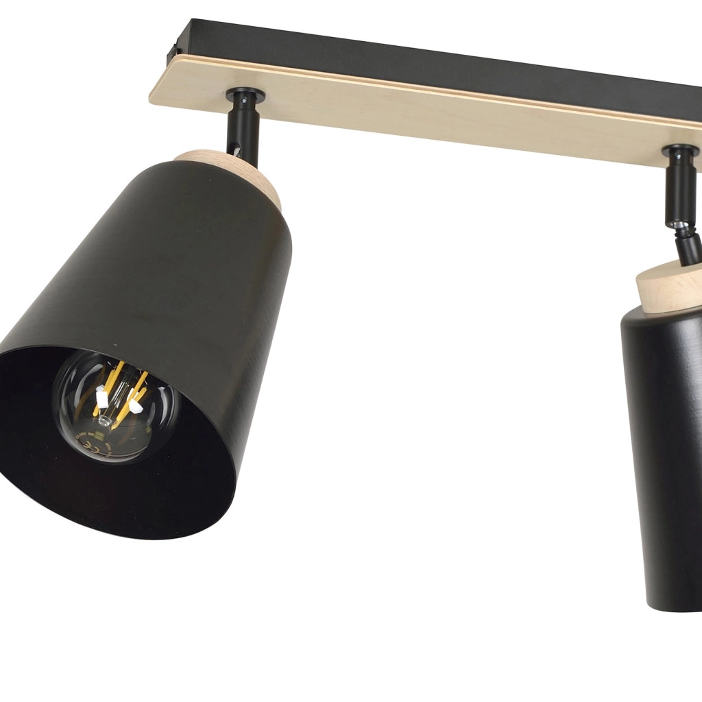 Plafoniera Faretti Spot Orientabili 2 Luci Xiwangmu Acciaio Nero E Legno Naturale