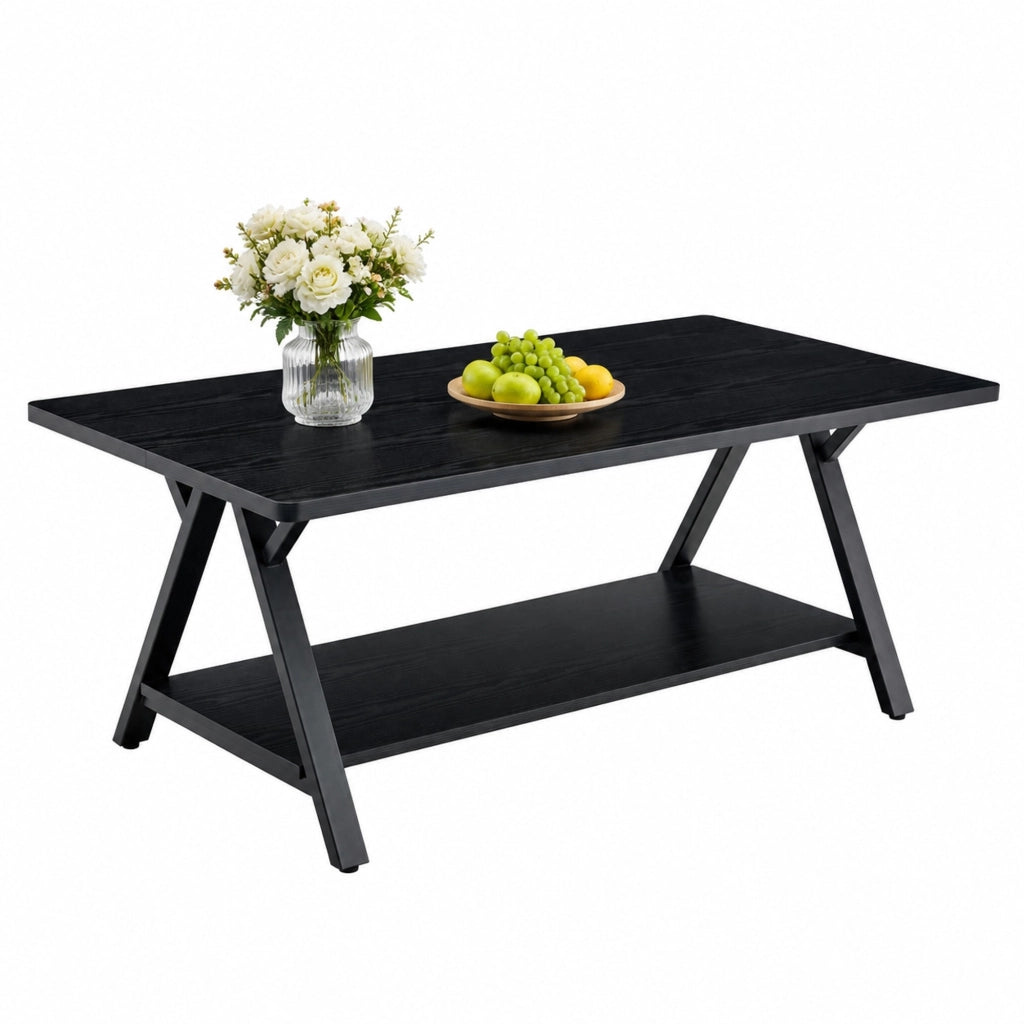 Tavolino da caffè con ripiano, per soggiorno, in MDF e metallo, 110×57×44.5 cm, nero