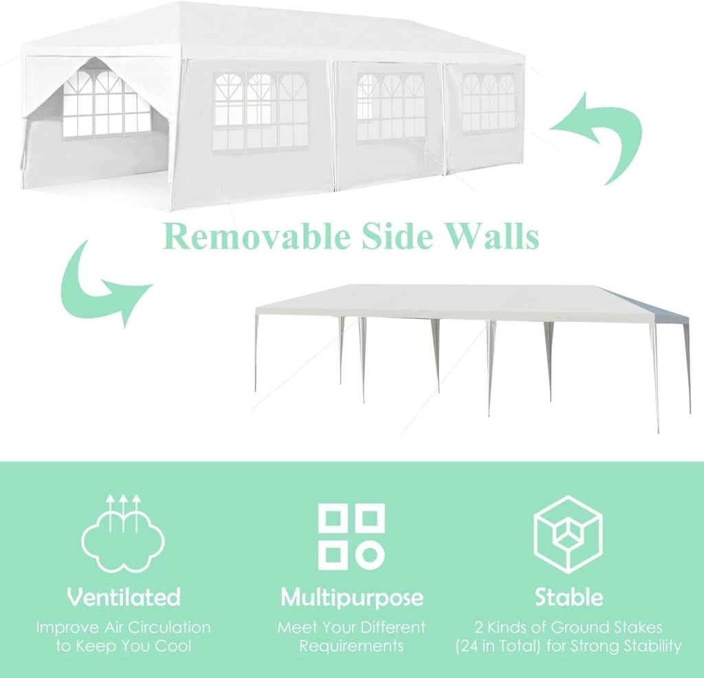 Gazebo da Giardino, 3 x 9 m, con 8 Pareti Laterali, Gazebo Pieghevole in Metallo, Tenda da Birra, con Protezione UV, per Feste, Matrimoni, Bianco