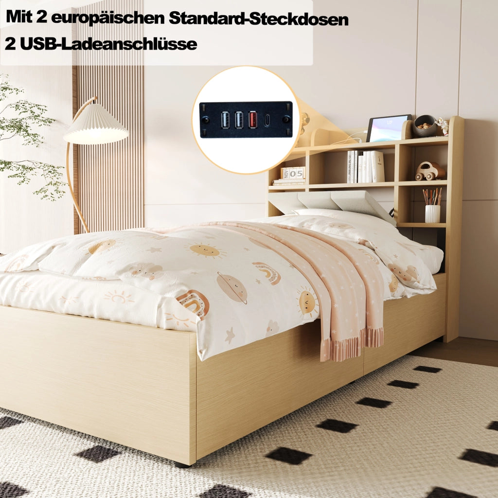 LETTO Contenitore Idraulico 90x200 cm MDF Colore Legno Naturale con USB e USB-C
