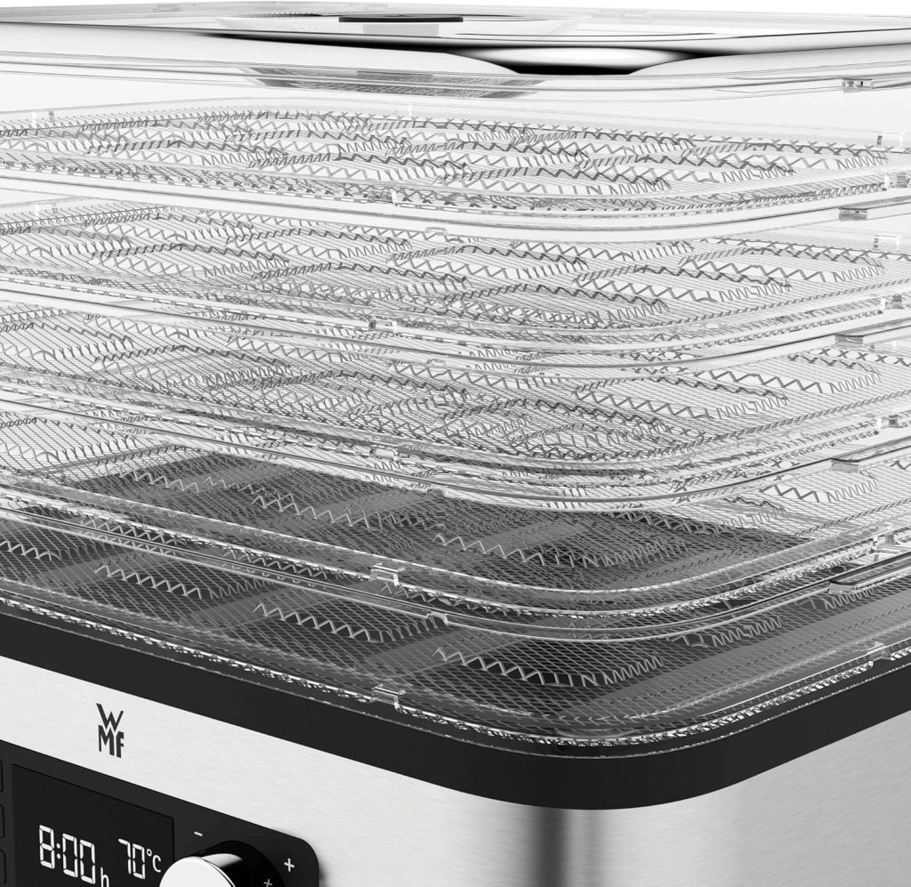 WMF KitchenMinis Essiccatore Compatto Snack to Go, in Acciaio Cromargan con 5 Griglie di Essicazione in Tritan, Sistema Silenzioso, Essicatore con Display LCD e Timer Programmabile, Dim. 28 x19x21 cm