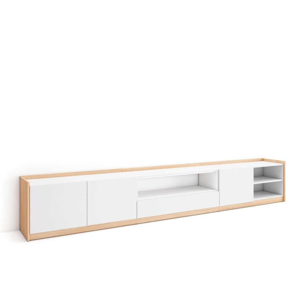 Mobile TV Soggiorno, 310x50x37 cm, Per TV fino a 80", Mobile Soggiorno, Bianco e Rovere soft