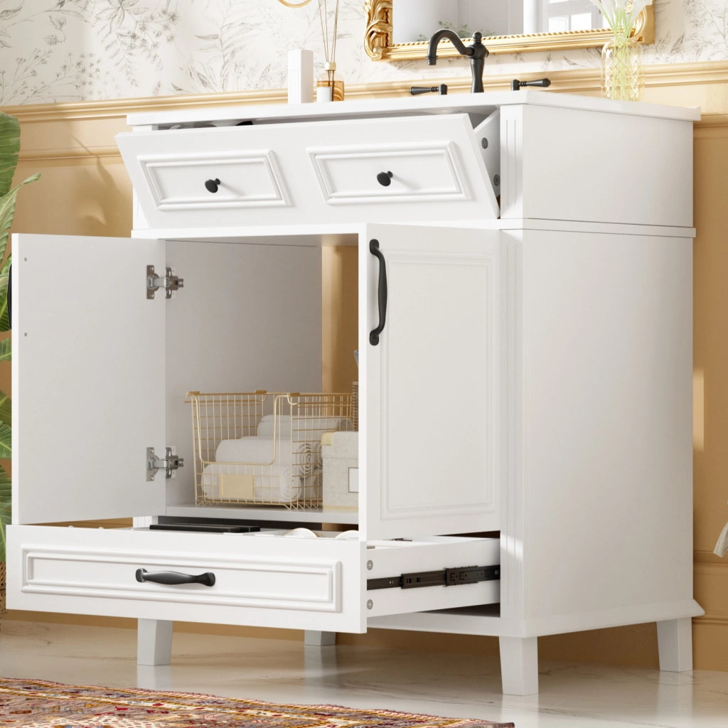 Mobile sottolavabo con lavabo in ceramica, 2 ante e 9 vani, per bagno, in MDF, bianco, 77 × 46 × 86 cm