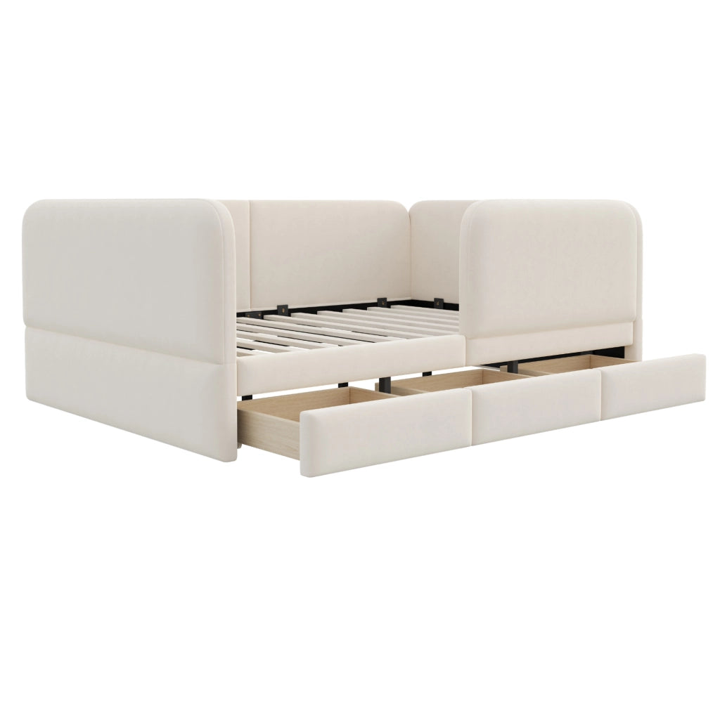 Letto per bambini 140x200 cm imbottito in velluto con 3 cassetti; beige
