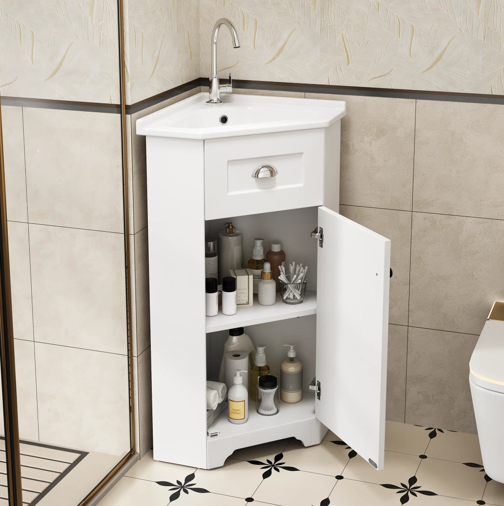 Mobile bagno freestanding con lavabo in ceramica; MDF bianco e maniglie in metallo