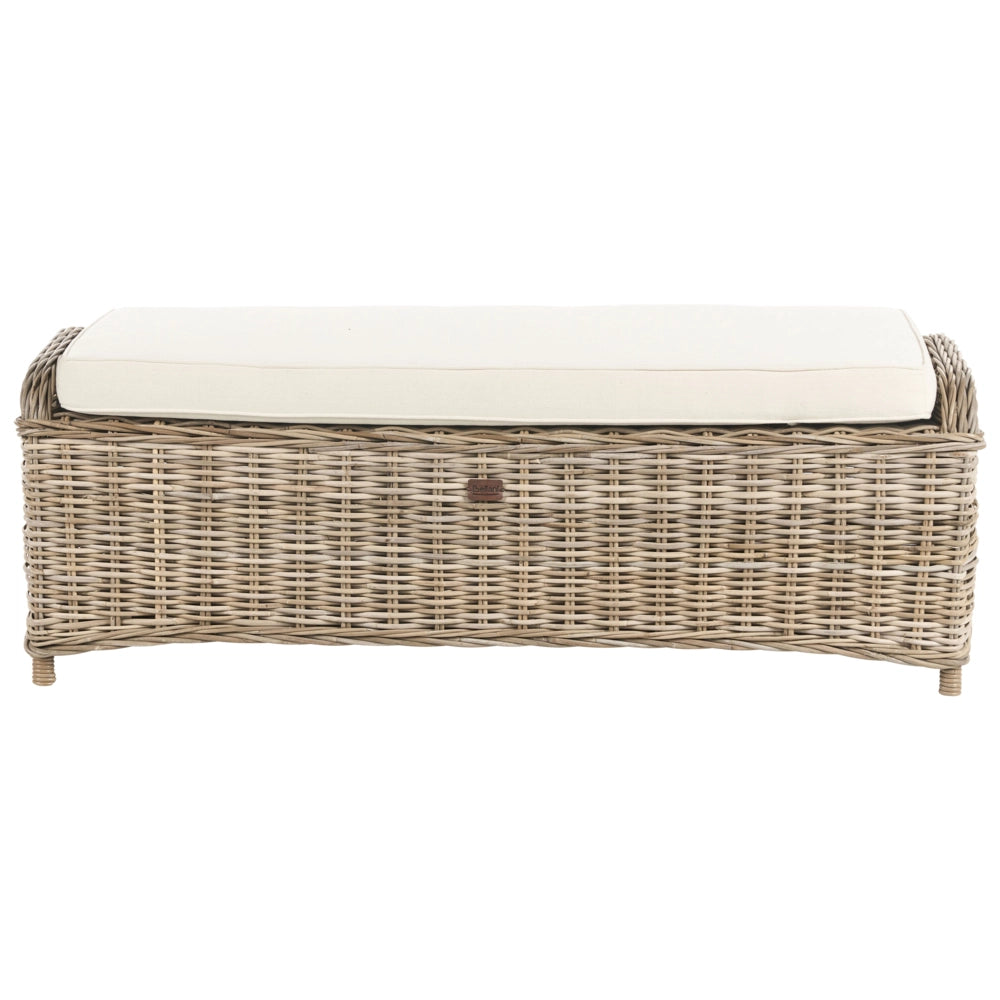 Panca 2 posti in rattan naturale con cuscini tessuto bianco sporco stile boho esterno giardino
