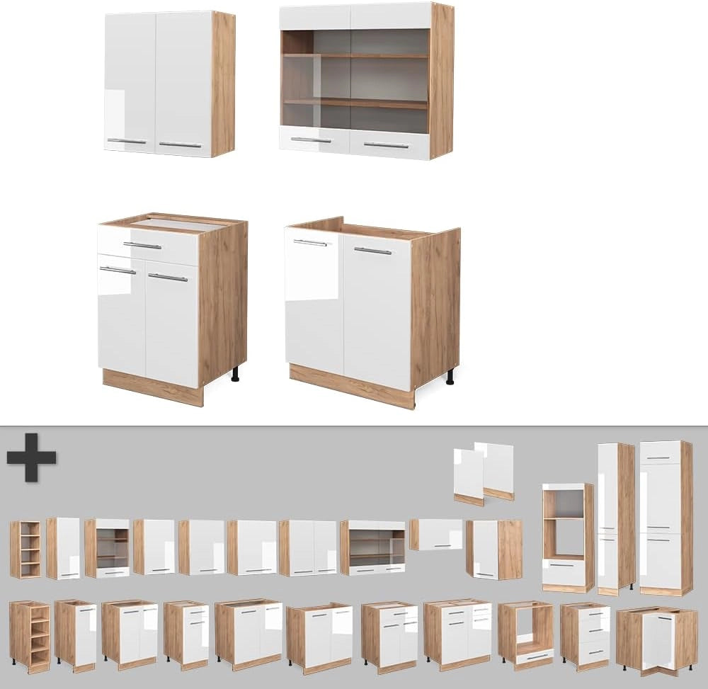 Cucina completa Fame-Line, Bianco lucido/oro power oak, 140 cm senza piano di lavoro, per la libera combinazione con moduli cucina aggiuntivi