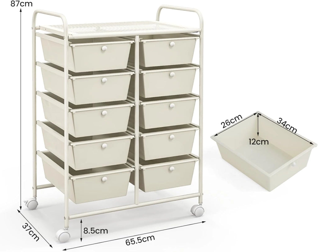 Carrello con 10 cassetti, impilabile, carrello per cassetti, carrello da cucina con ruote bloccabili, carrello per cucina, bagno, ufficio, 65,5 x 37 x 87 cm, bianco