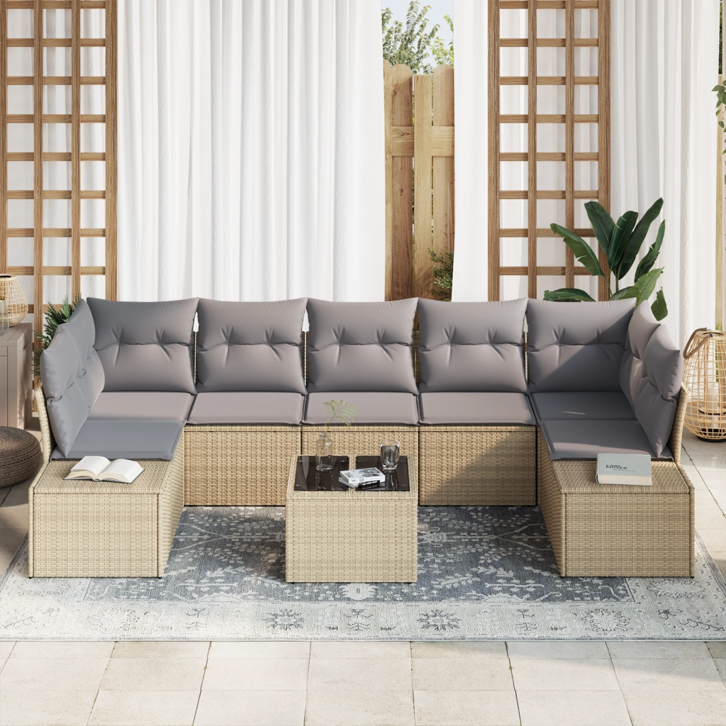 Set di divani da giardino da 8 pezzi con cuscini beige in polyrattan