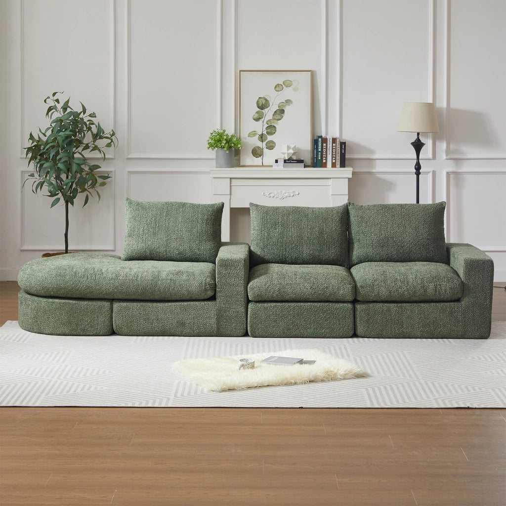Divano Ad Angolo Reversibile Modulare 4 Moduli con cuscini e poggiatesta in Chenille Verde