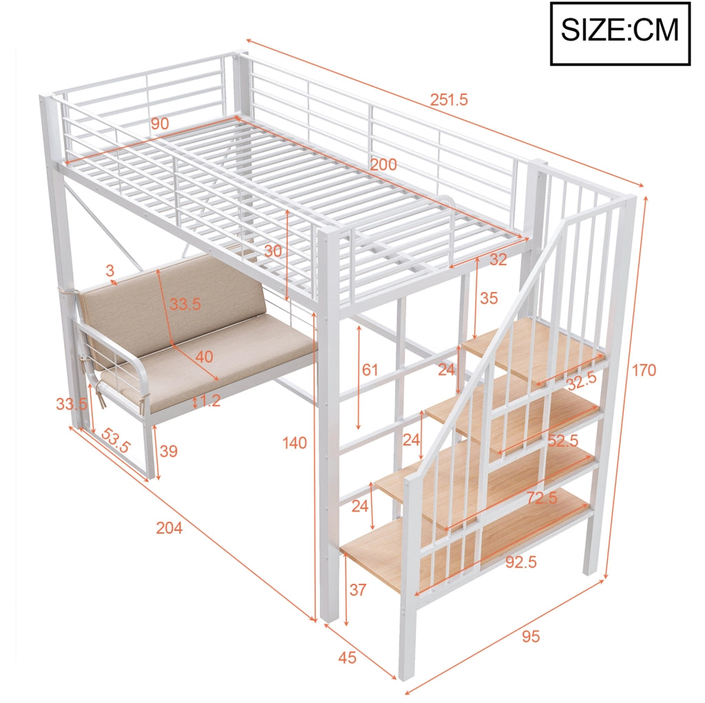 Letto a castello 90x200 cm in metallo e MDF bianco con divano imbottito; scala contenitore