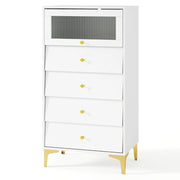 Com¨° 4 cassetti mobiletto moderno con porta in vetro a ribalta e cassetti estraibili-Gambe in metallo dorato e design anti-ribaltamento Bianco