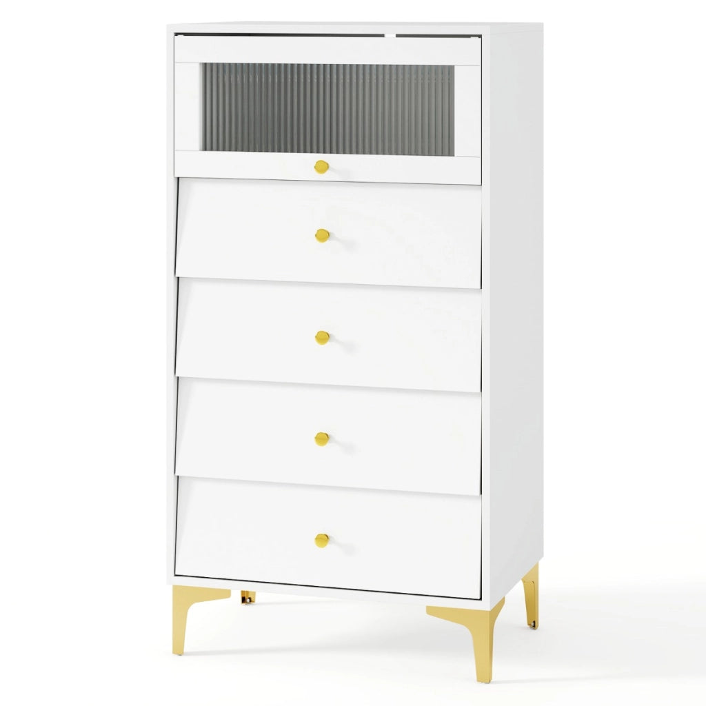Com¨° 4 cassetti mobiletto moderno con porta in vetro a ribalta e cassetti estraibili-Gambe in metallo dorato e design anti-ribaltamento Bianco