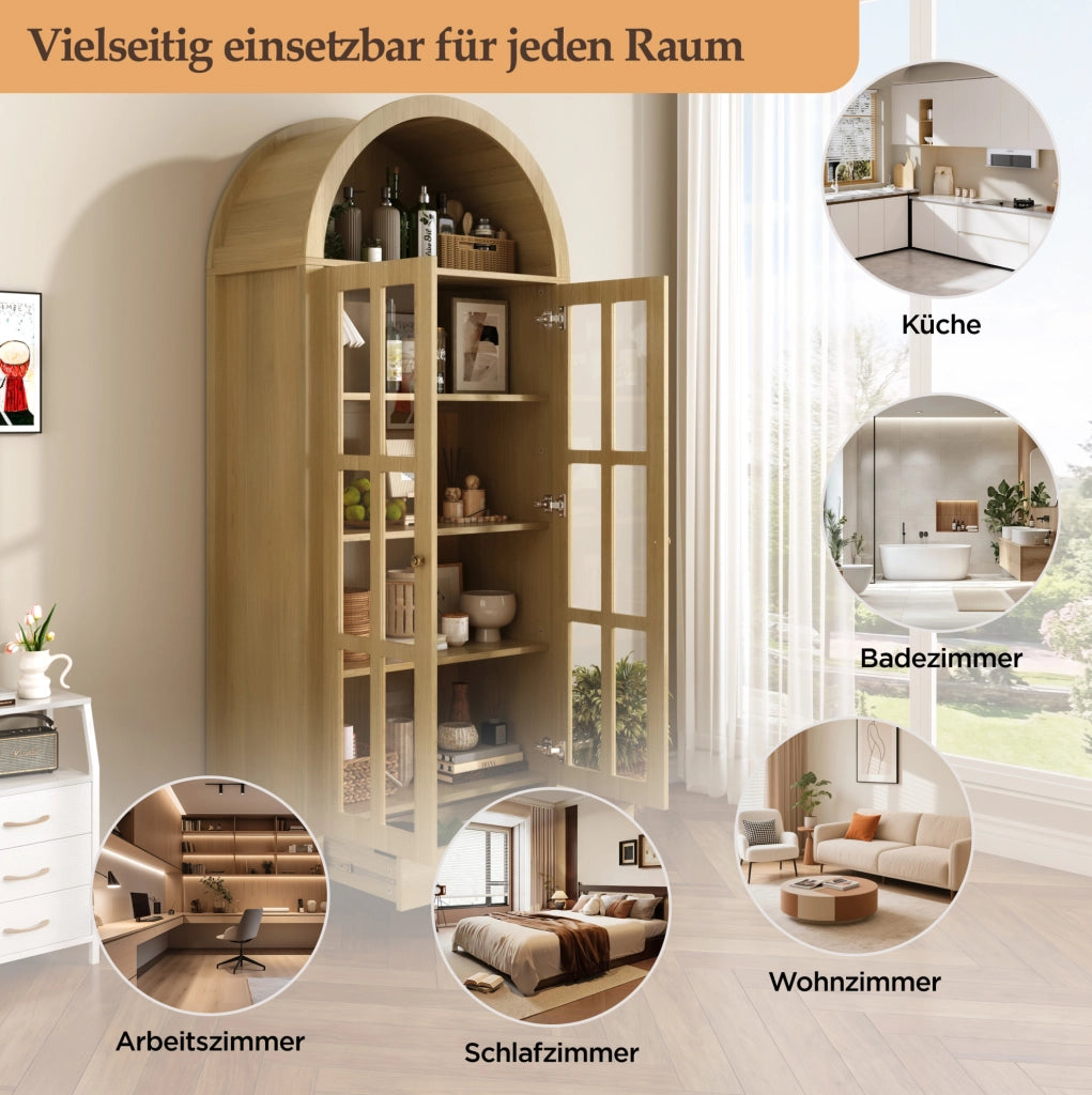 Vetrina ad arco da terra 75x35x170;5 cm in MDF naturale con ante in acrilico e cassetto