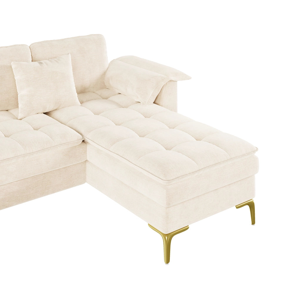 Divano angolare a U 4-5 posti - con 2 chaise longue e 2 cuscini - in chenille beige