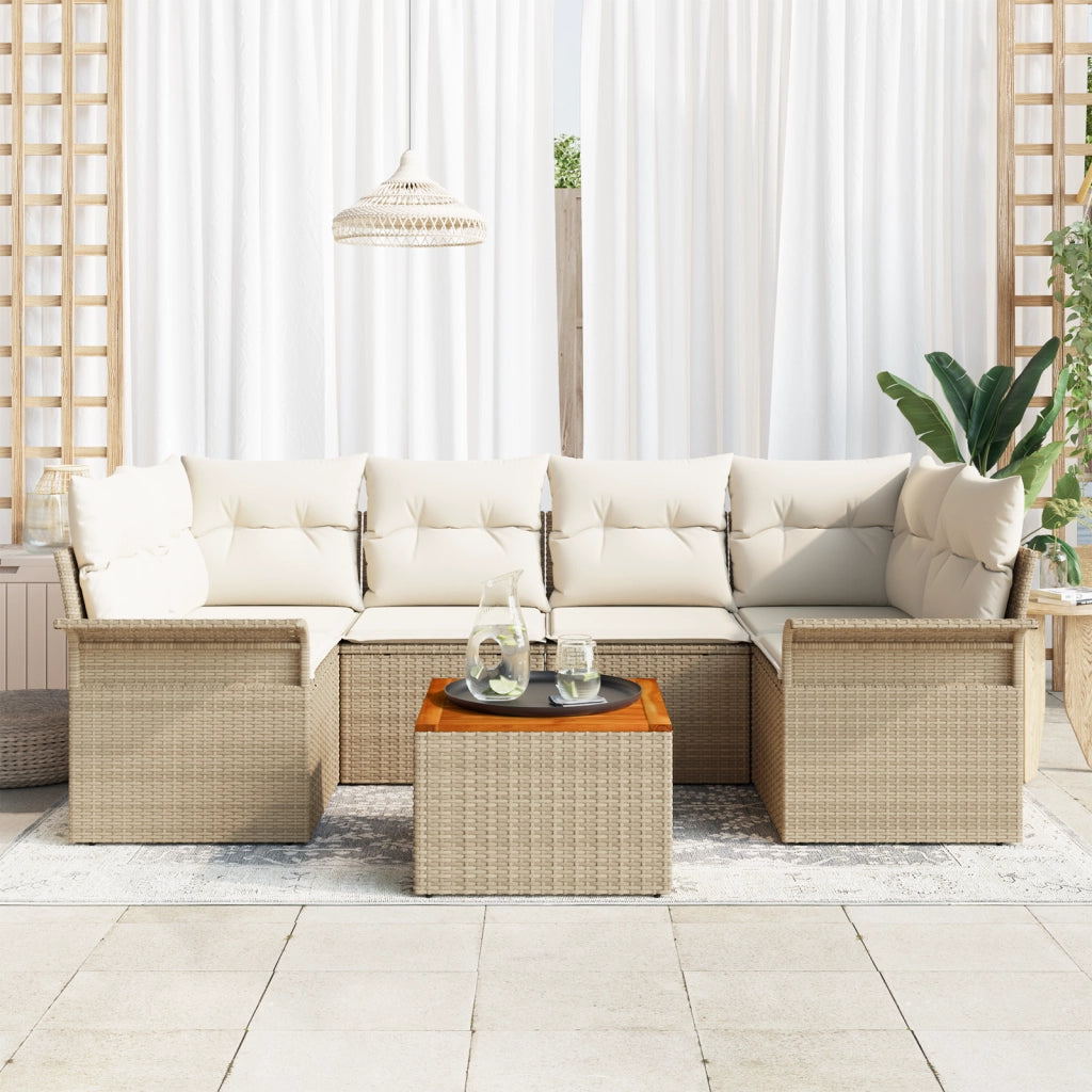 Set da giardino  7 pezzi con cuscini beige in polyrattan e acacia