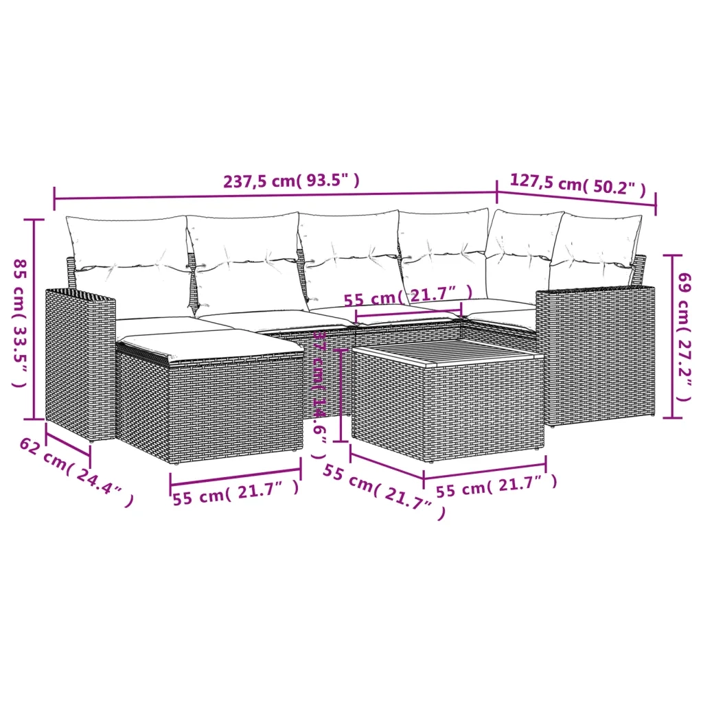 Set Divani da Giardino 7 pz con Cuscini Beige in Polyrattan