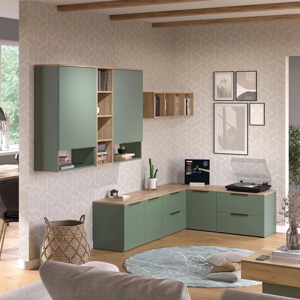 Credenza Wido, Verde, 80 x 50 cm con porta, per la conservazione e l'utilizzo salvaspazio negli angoli