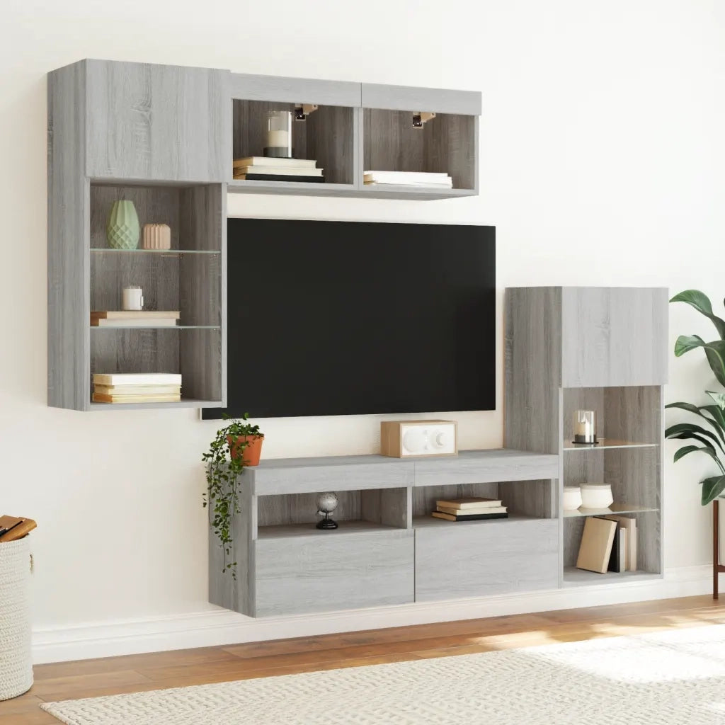 Mobili TV a Muro con LED 5pz Grigio Sonoma in Legno Multistrato 3216730