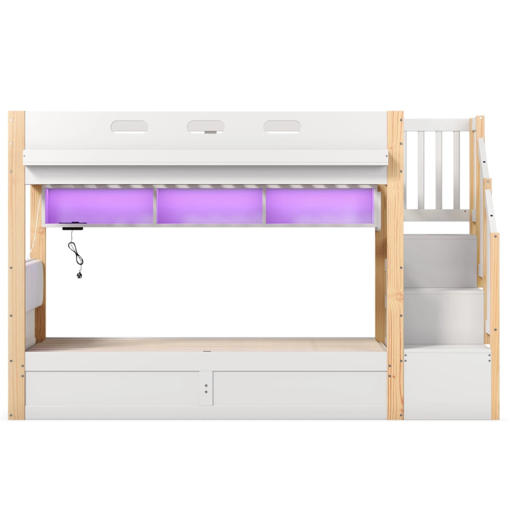 Letto a castello in legno massiccio 90x200 cm con scala contenitore, LED, USB e testiera imbottita, bianco